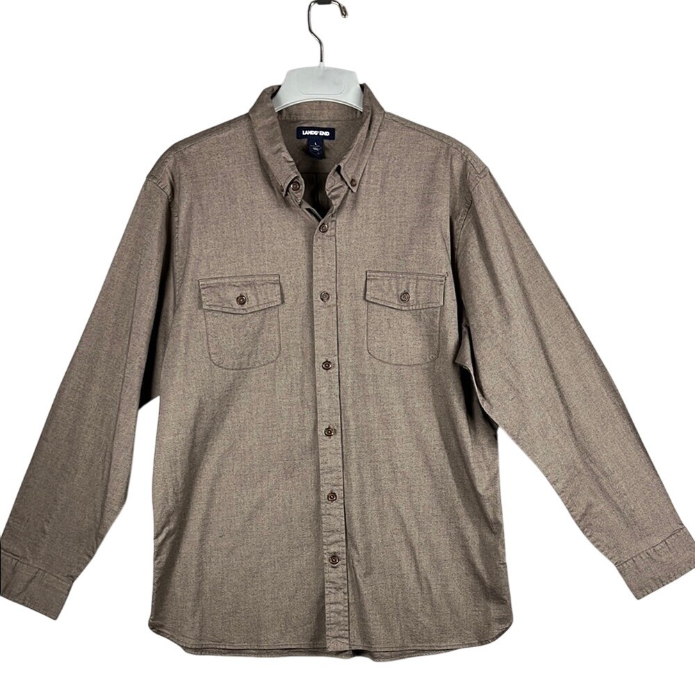 Lands' End Long Sleeve Button Down Shirt Men's Size Large Brown Brushed‎ Cotton